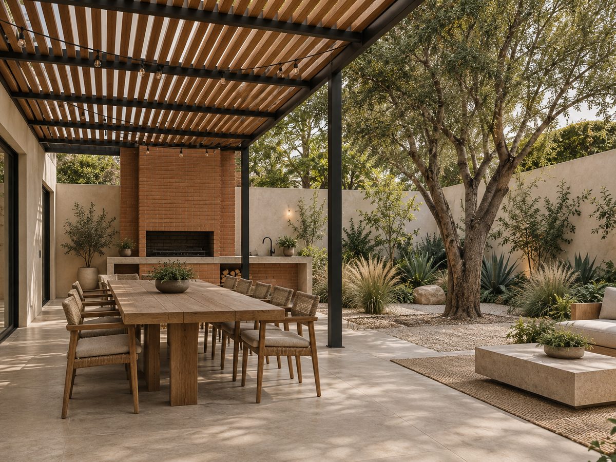 Terraza con pérgola y jardín
